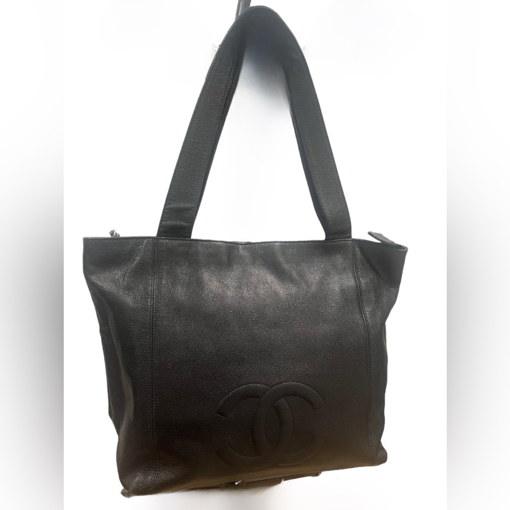 Chanel EUC VTG Black Leather Tote Bag silver hardware